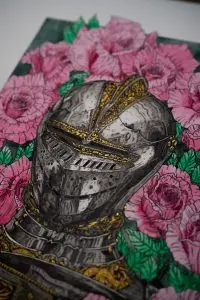 Image of a zoomed in watercolour drawing of an armour with a background filled with pink roses